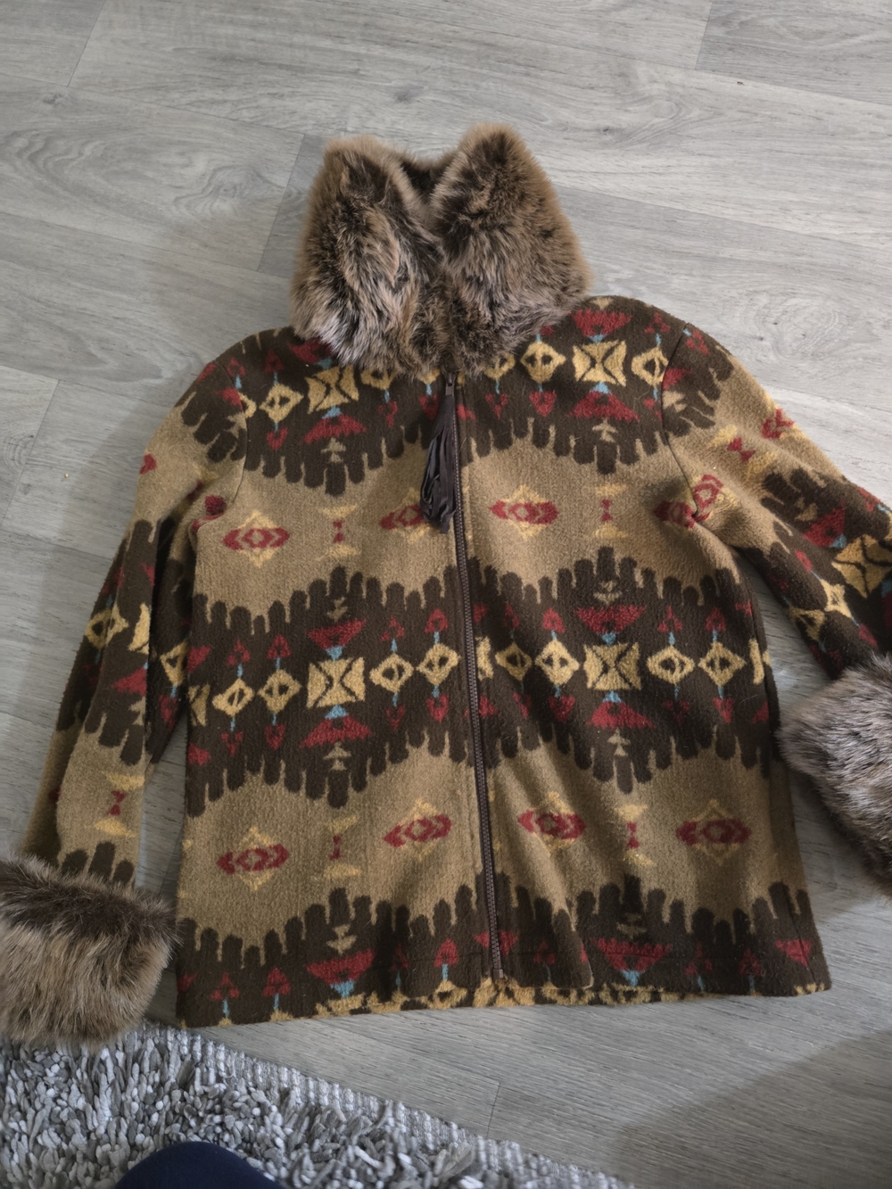 Tasha Polizzi Southwestern Pattern Coat with Faux Fur Collar - Brown/Red/Blue